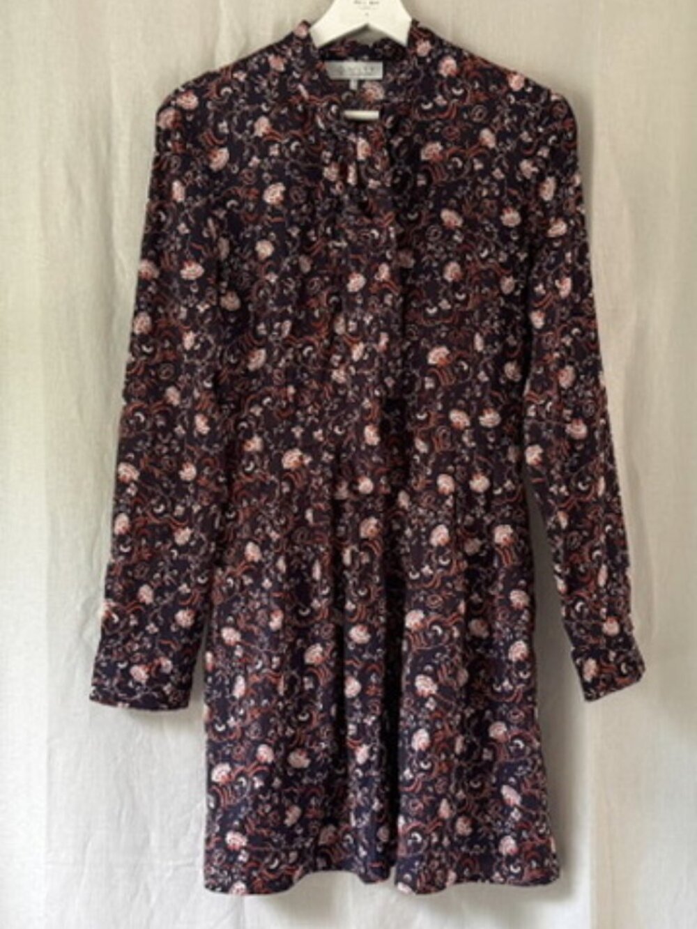 WAYF Tie Neck Floral Skater Dress Navy Rust Medium